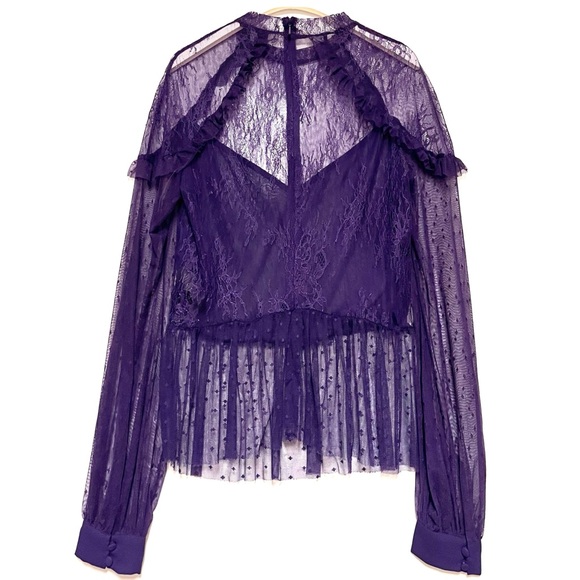 Bardot Splice Lace Blouse Top Womens Purple Ruffle Sheer Whimsgoth Fairy Medium - Picture 4 of 14